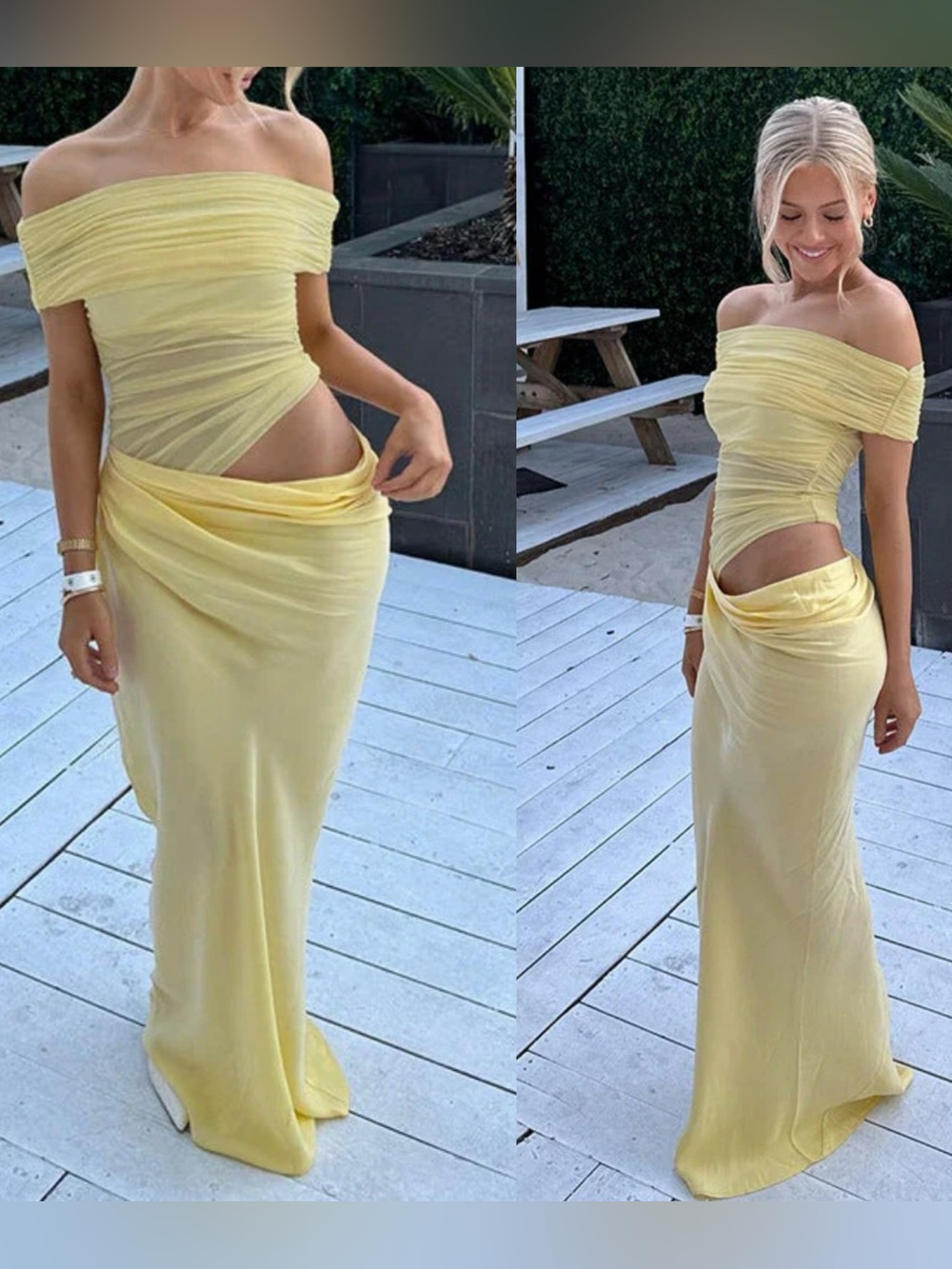 Off-Shoulder Cutout Maxi Dress in Pale Yellow